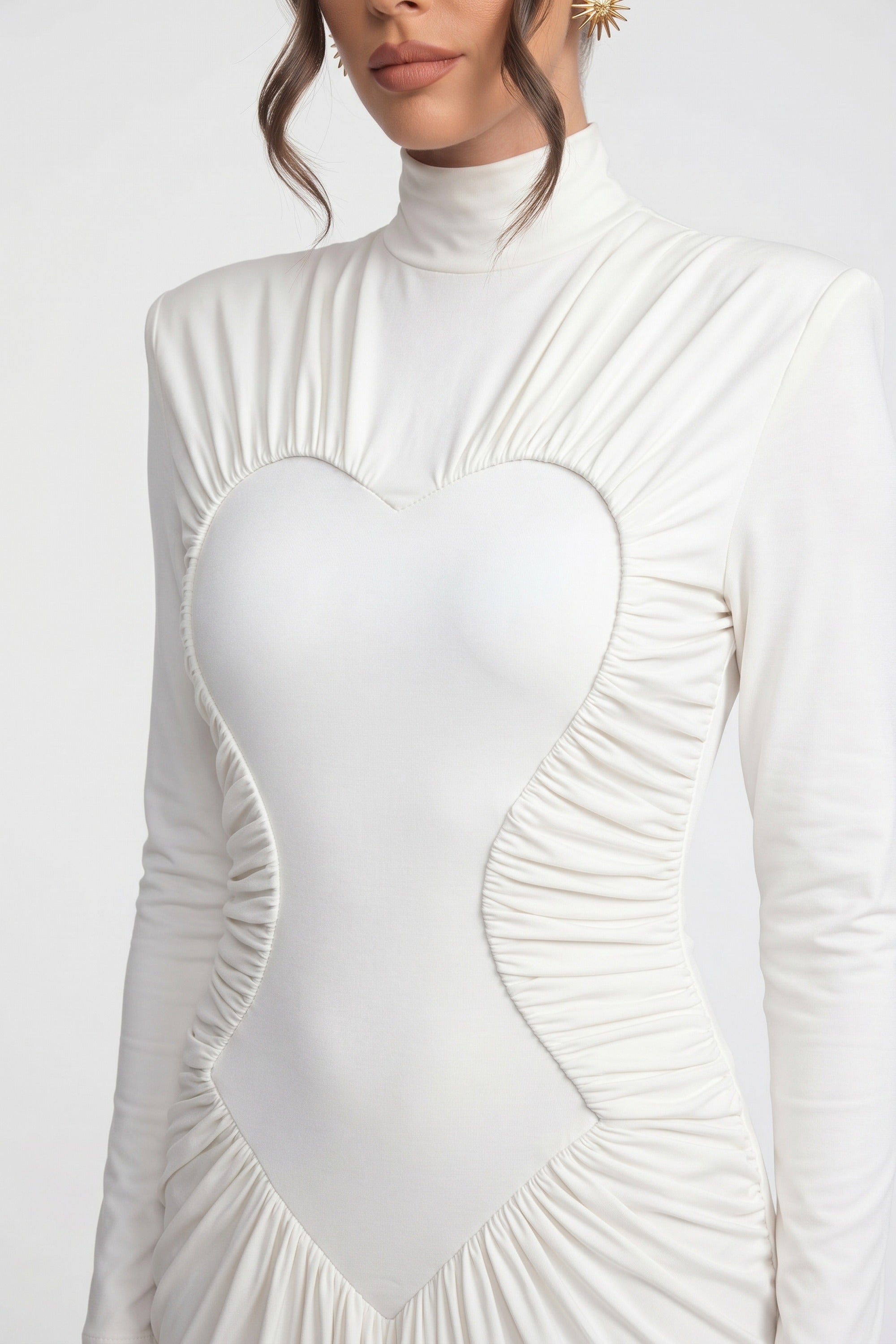 High-Neck Long-Sleeve Ruched Mermaid Gown With Diagonal Drape - White