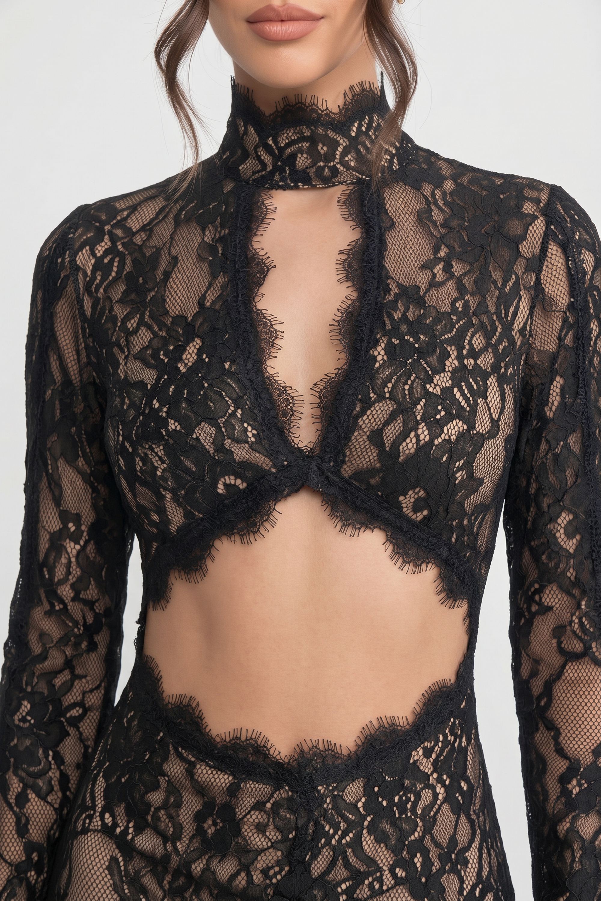 Elegant Lace Gown With High Neck, Front Cutout And Slit - Black