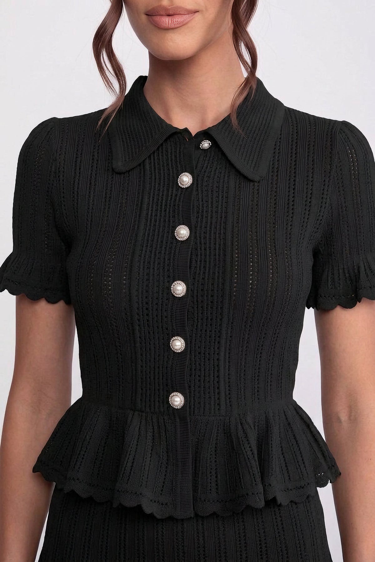 Polo-Collar with Button Top and Mini Skirt Set - Black