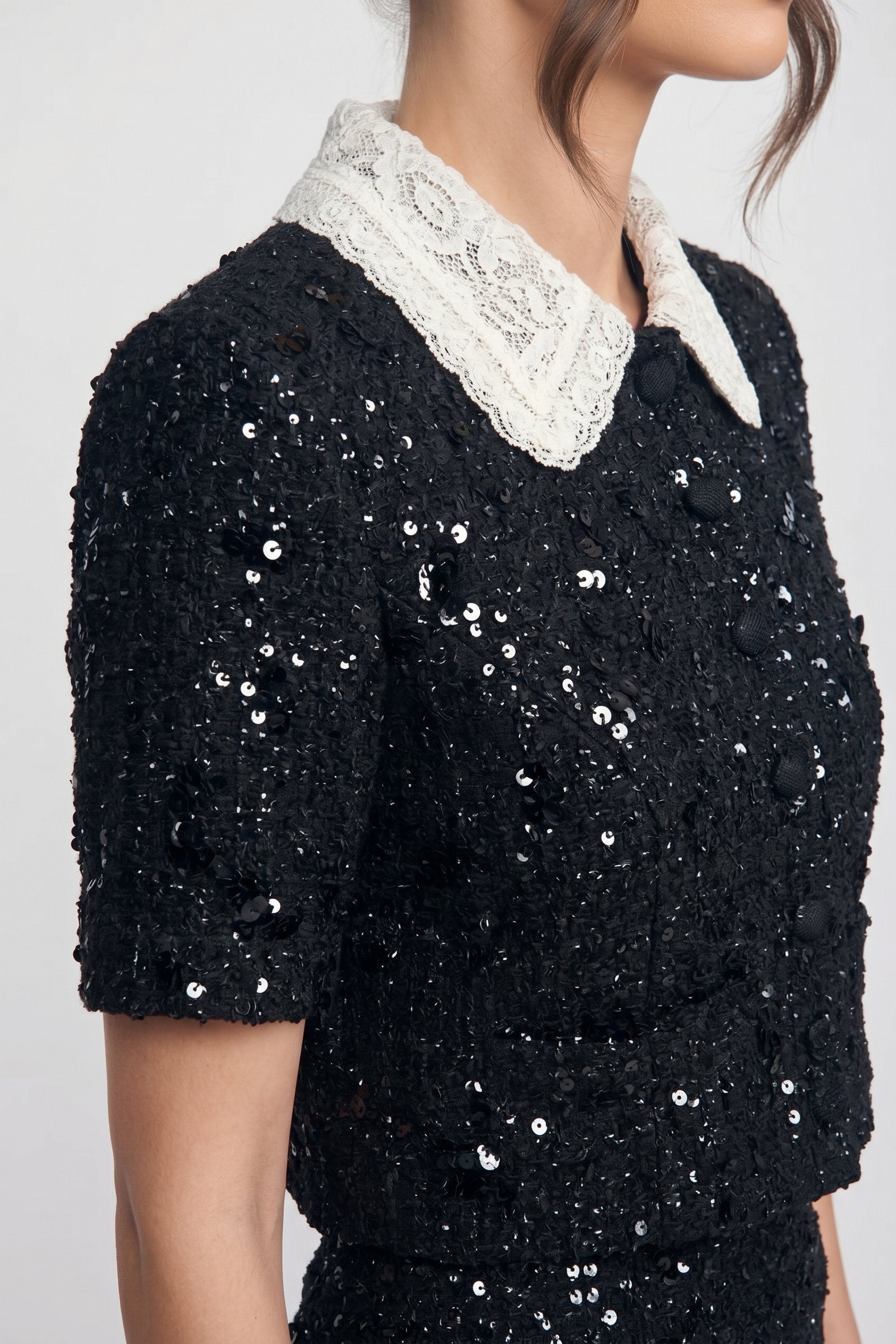 Short-Sleeve Tweed Cropped Jacket With Contrast Collar And Sequin Detail - Black