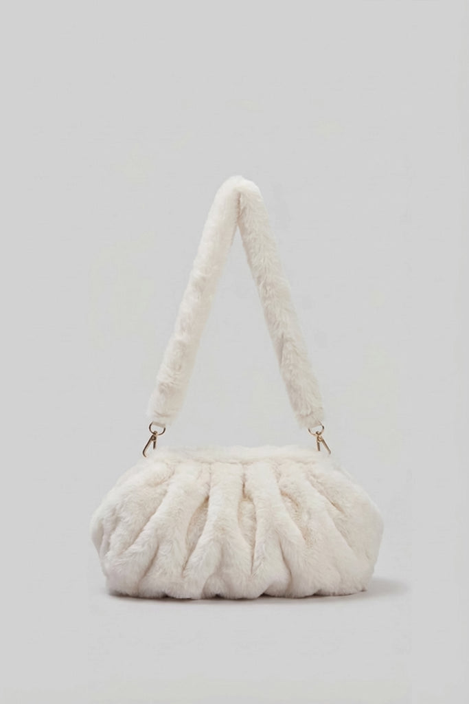 Faux Fur Shoulder Bag with Ruched Design – White