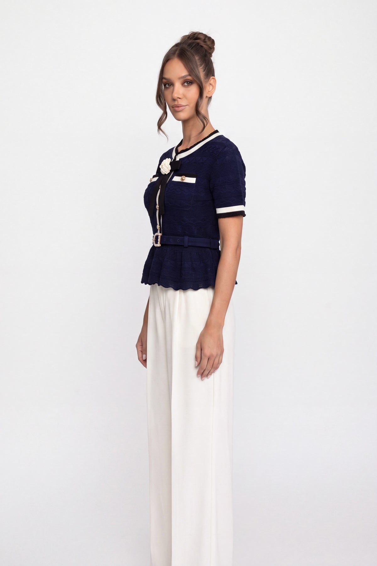 Peplum Knit Top With Contrast Sailor Collar And Pearl Buttons - Navy