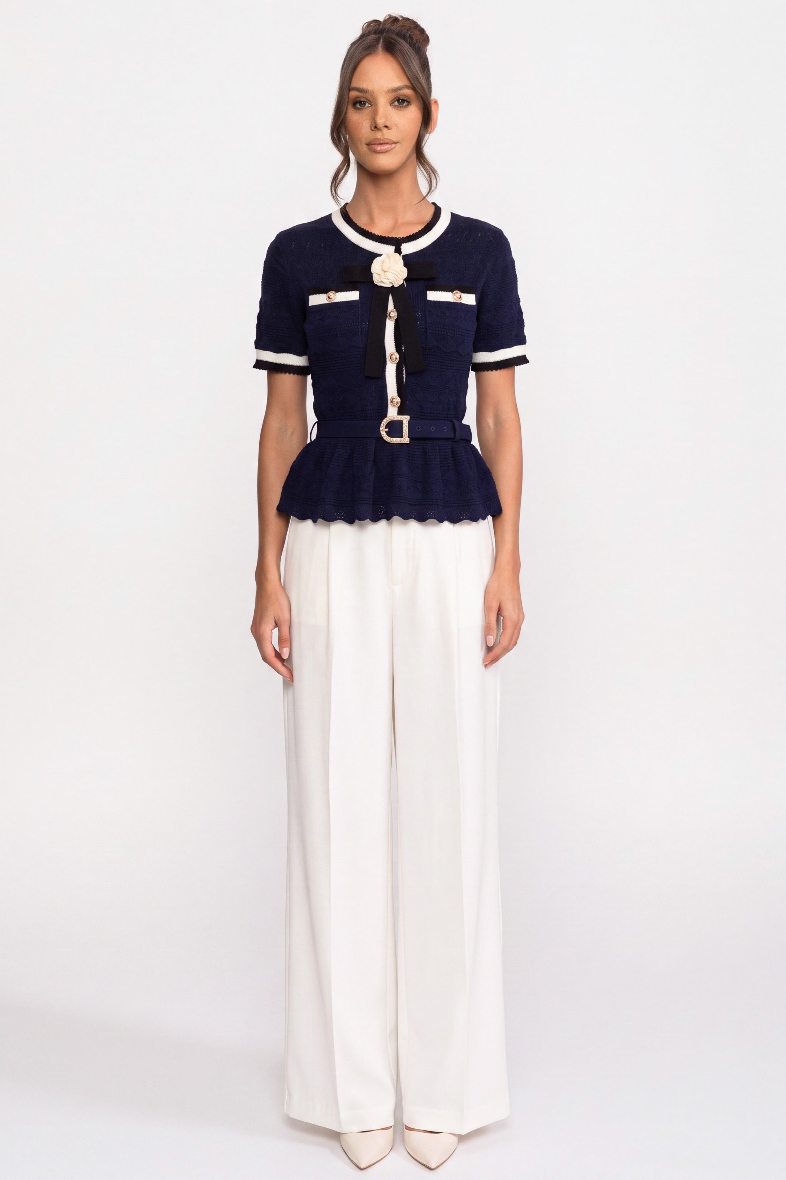 Peplum Knit Top With Contrast Sailor Collar And Pearl Buttons - Navy