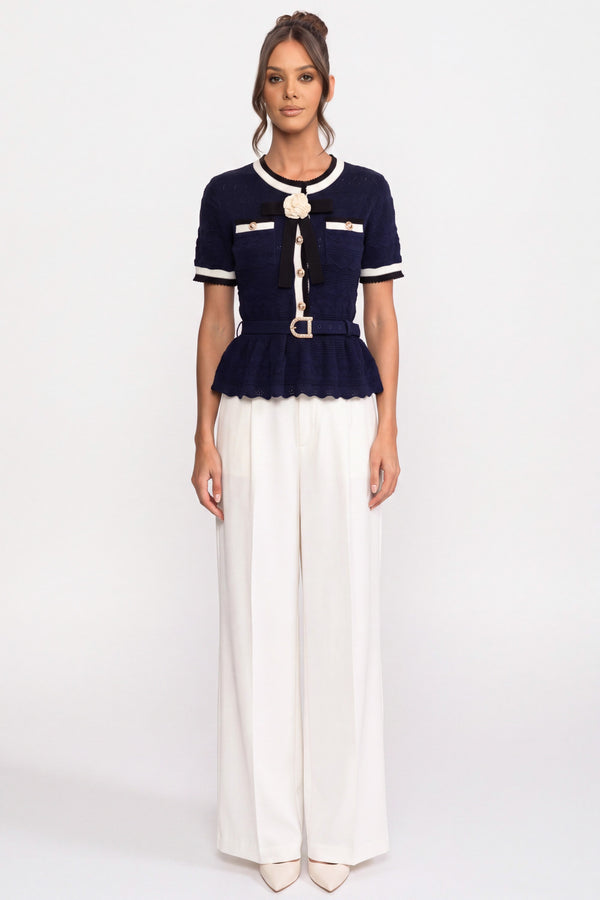 Peplum Knit Top With Contrast Sailor Collar And Pearl Buttons - Navy