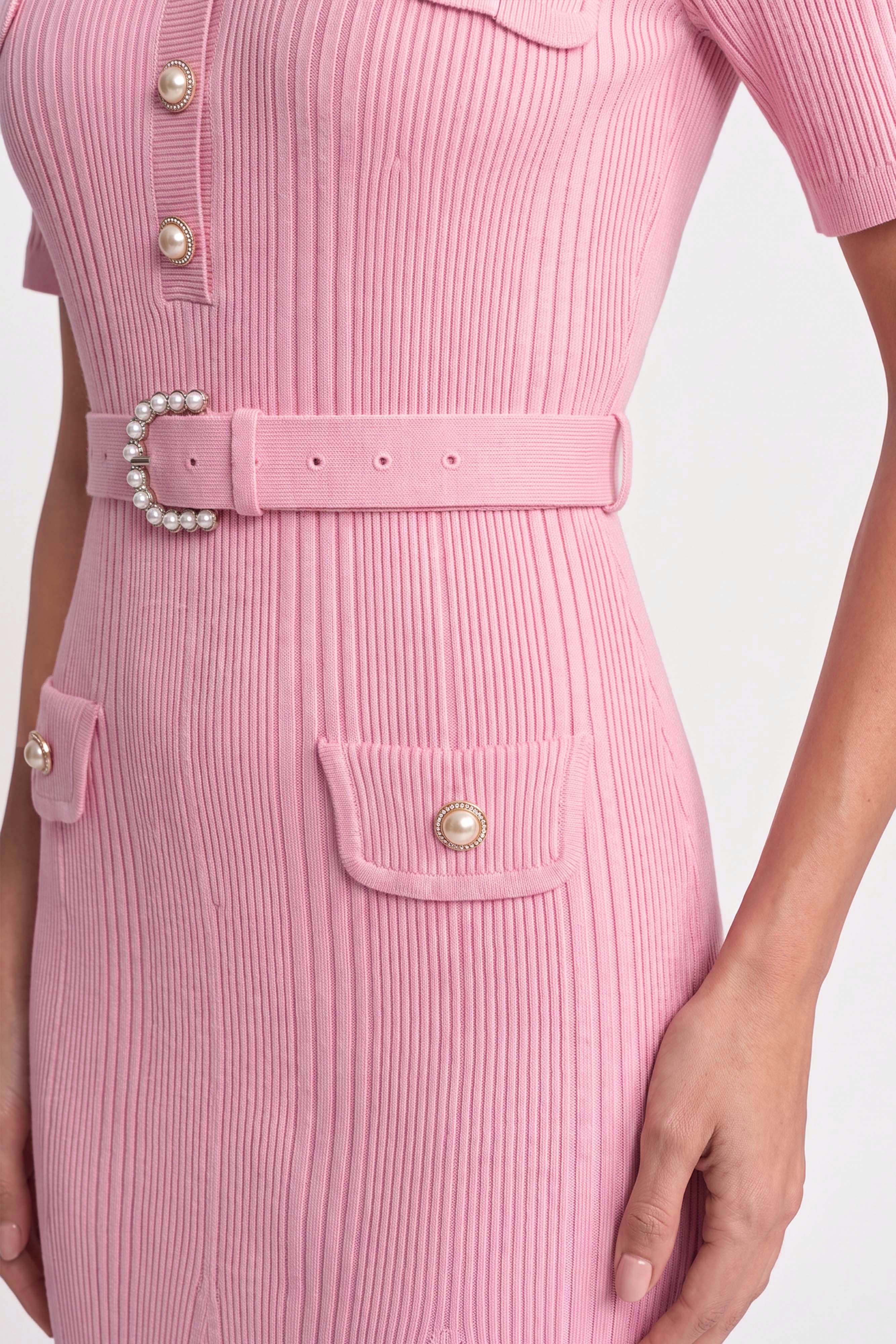Ribbed Knit Midi Dress With White Collar And Pearl Belt - Pink