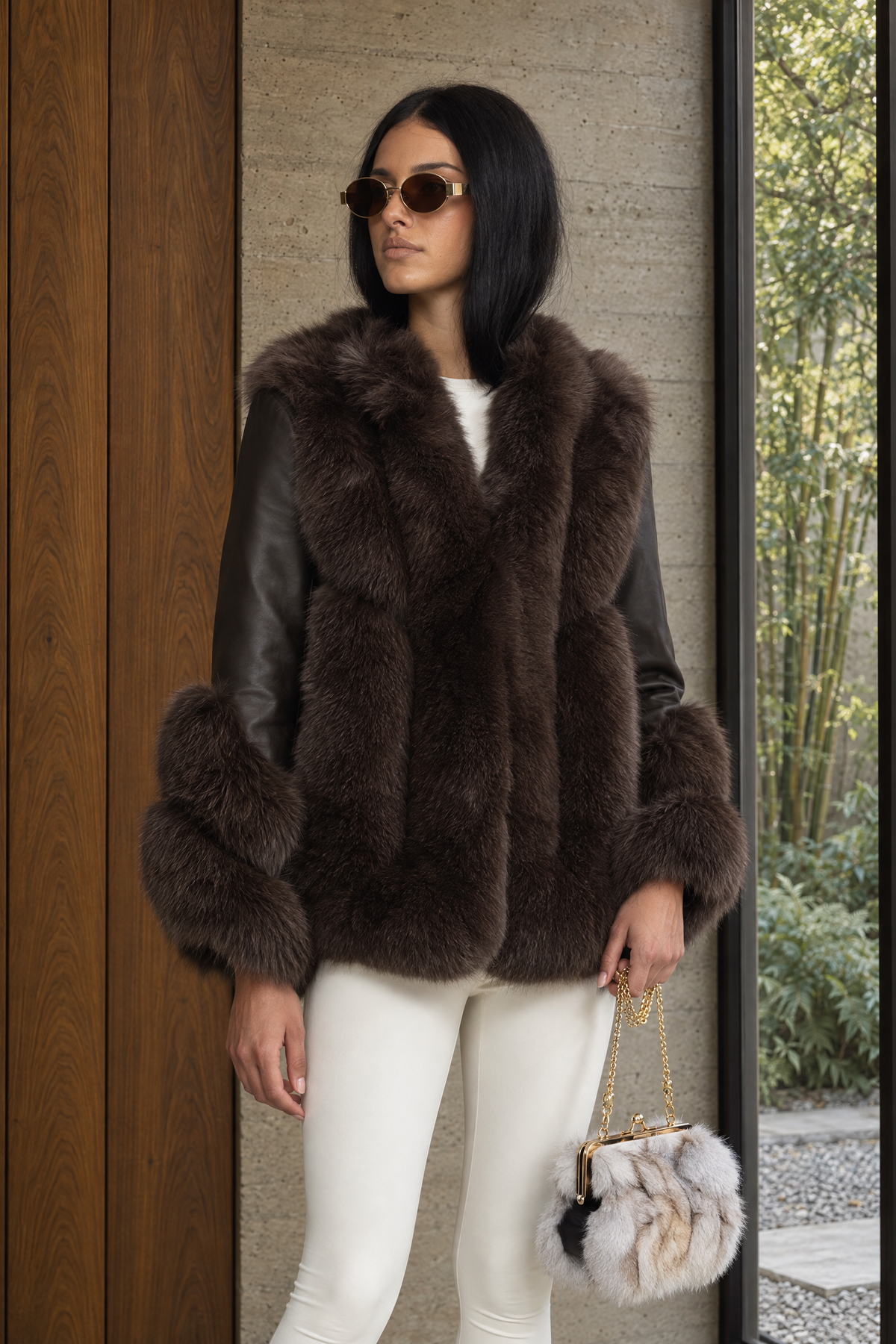 Fox Fur Panel Shearling Jacket - Chocolate