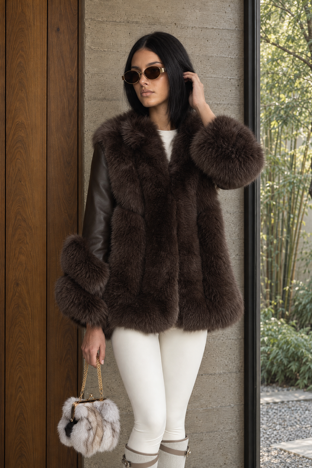 Fox Fur Panel Shearling Jacket - Chocolate