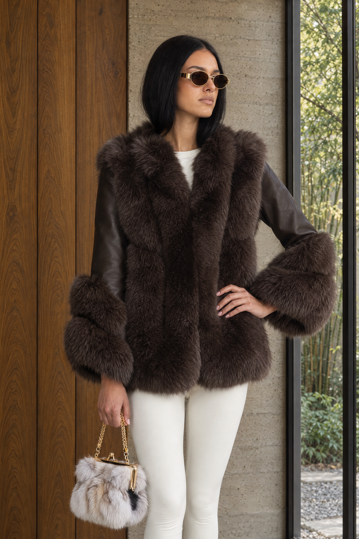 Fox Fur Panel Shearling Jacket - Chocolate
