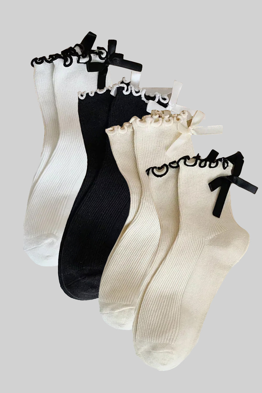 Ribbed Socks With Bow And Ruffled Trim Accents - 4 Pair Combo