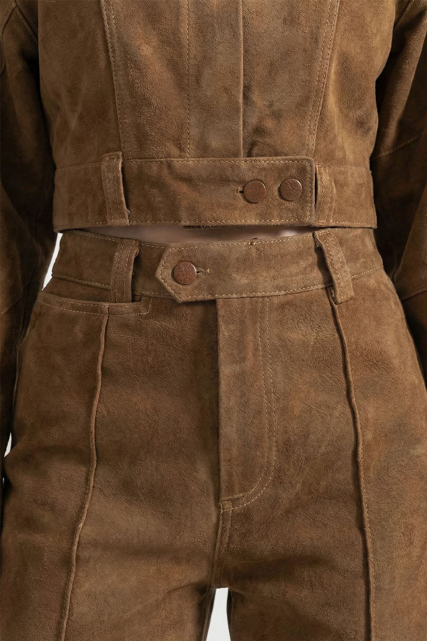 Suede Co-Ord Set With Tie-Neck Cropped Jacket And Wide-Leg Trousers - Brown