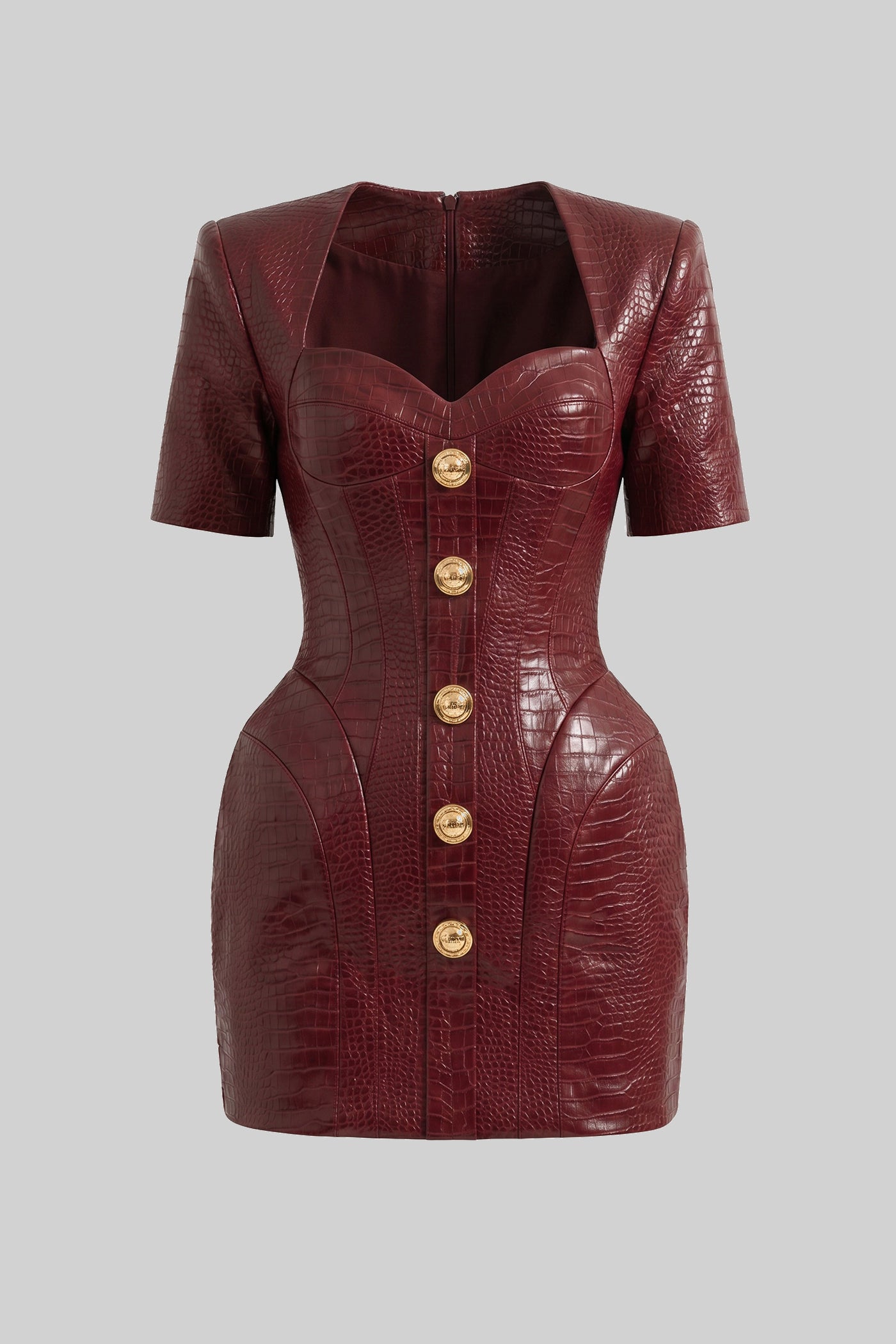 Croc-Effect Mini Dress With Gold Button Front - Red