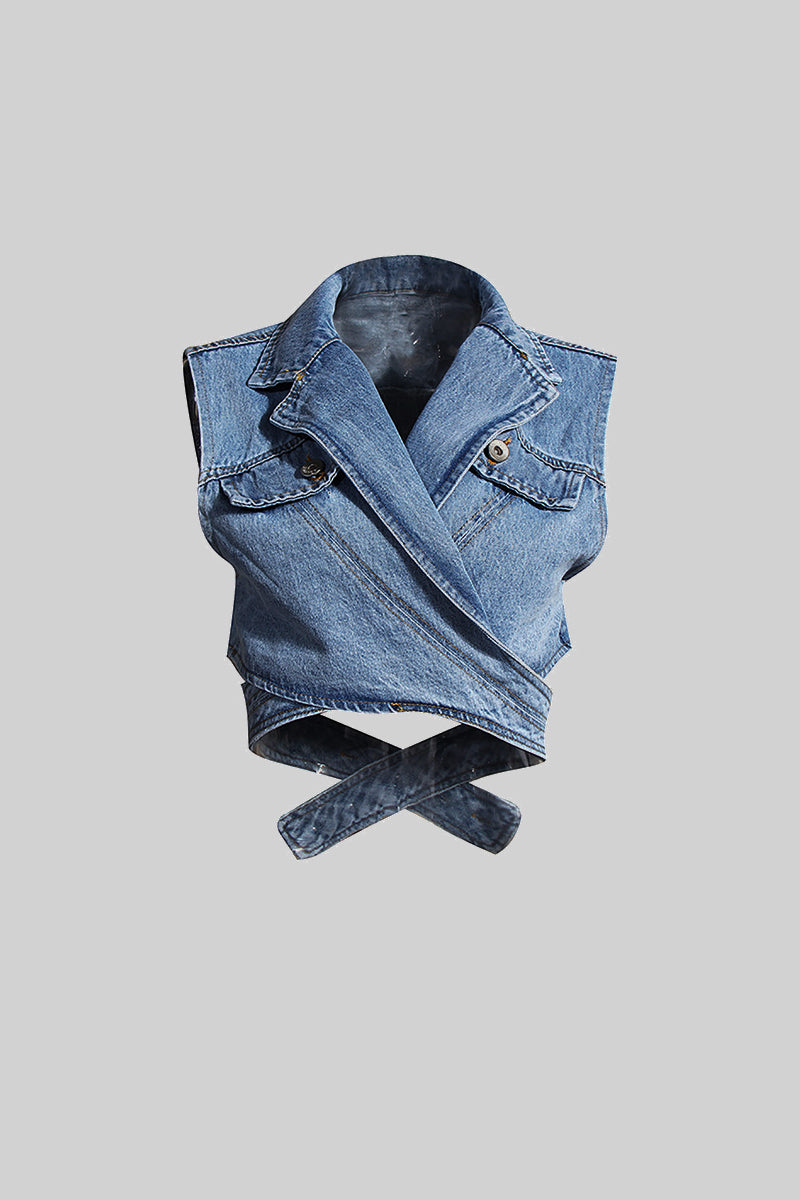 Asymmetrical Denim Vest - Blue