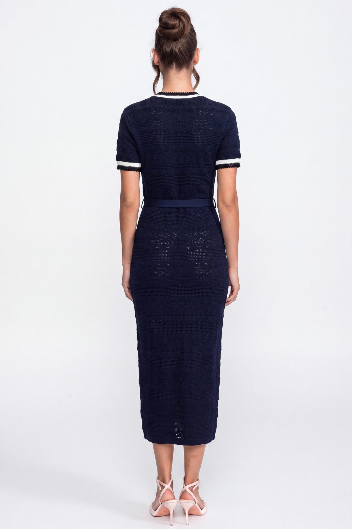 Knit Midi Dress With White Piping And Gold Buckle Belt - Navy