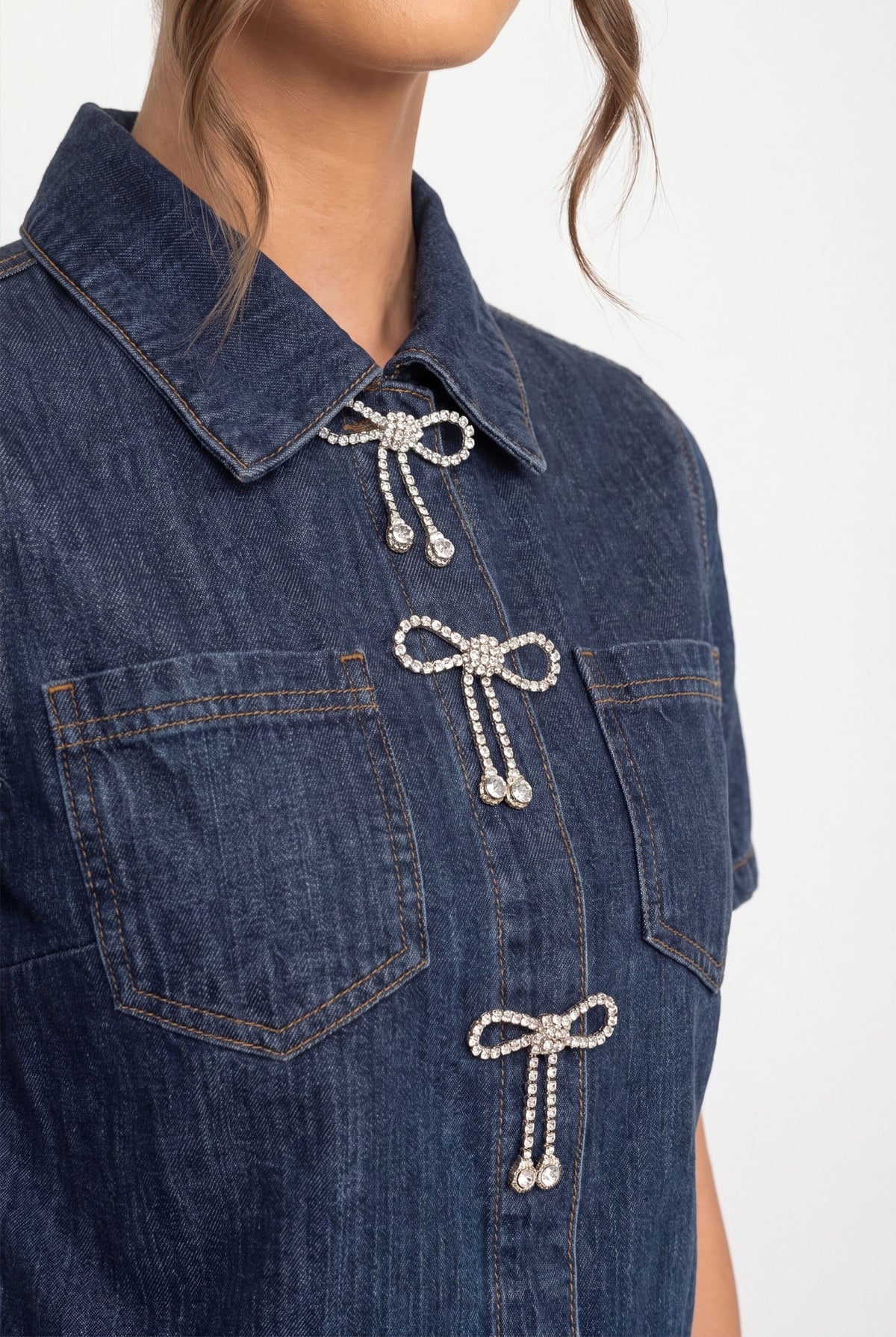 Denim Shirt And A-Line Skirt Co-Ord Set With Sparkling Bow Details - Blue