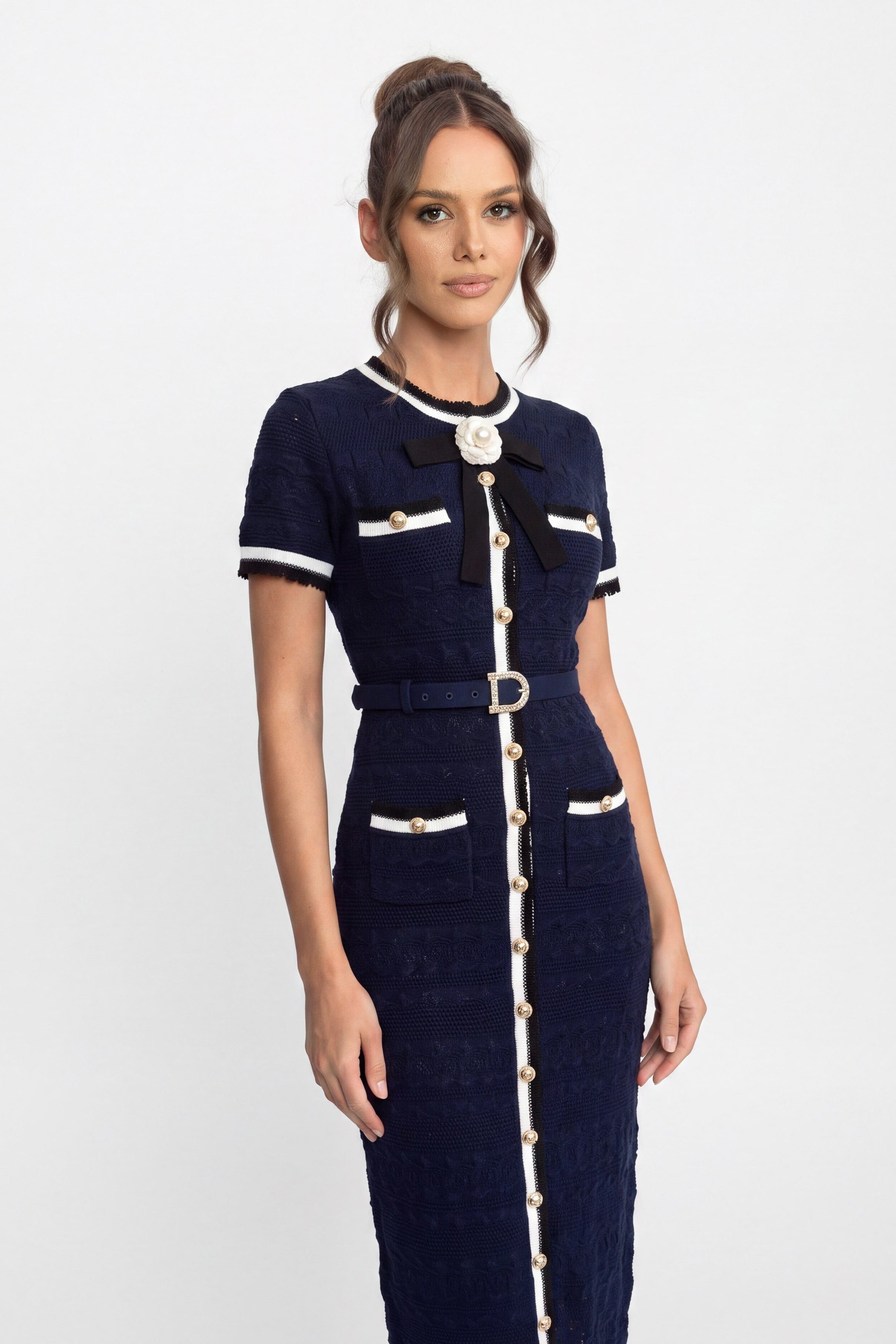 Knit Midi Dress With White Piping And Gold Buckle Belt - Navy