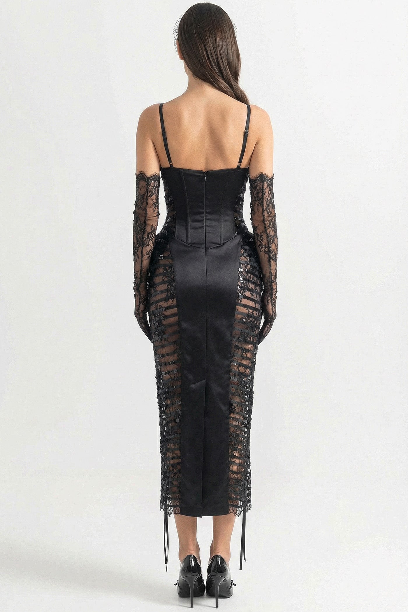 Lace-Trim Midi Dress With Sequin Sheer Side Panels - Black