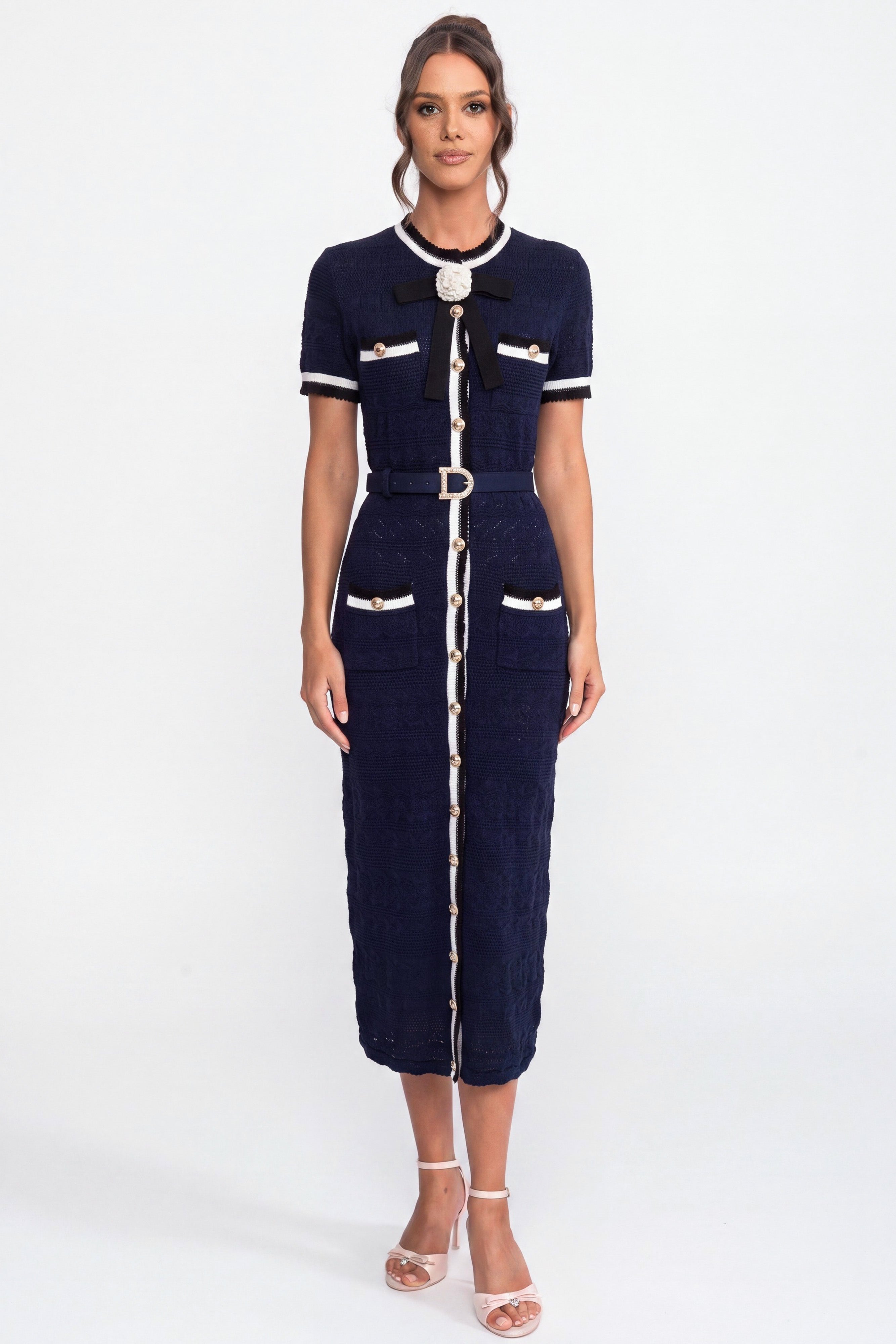 Knit Midi Dress With White Piping And Gold Buckle Belt - Navy
