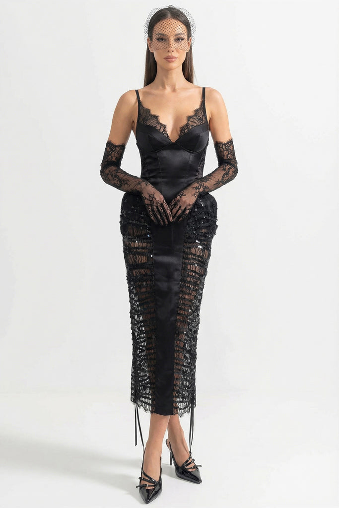 Lace-Trim Midi Dress With Sequin Sheer Side Panels - Black