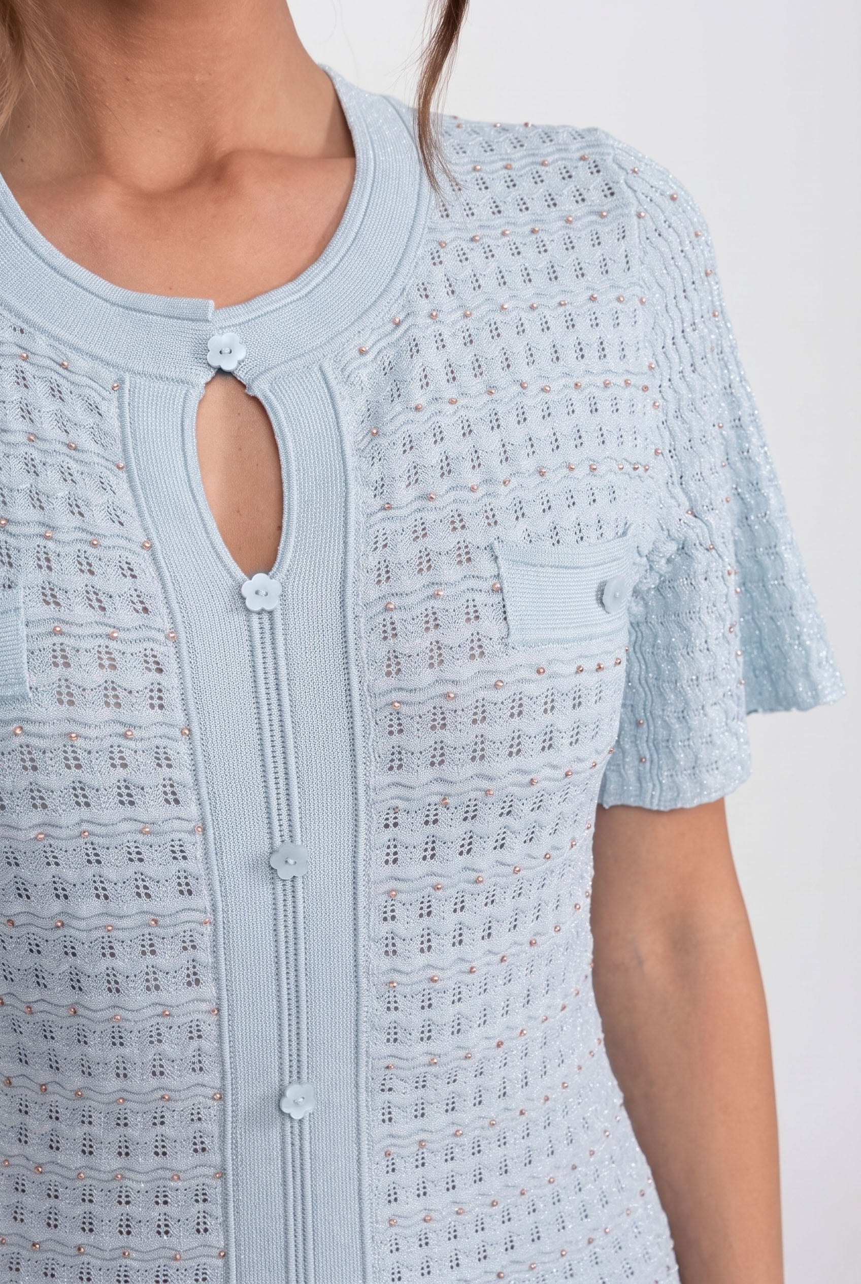 Short Sleeve Midi Dress With Shimmer Knit Texture - Light Blue