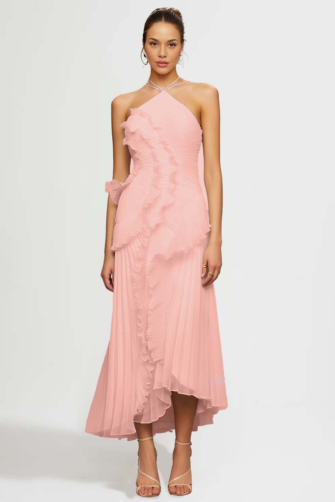 Pleated Halter Midi Dress With Cascading Ruffle Details - Pink