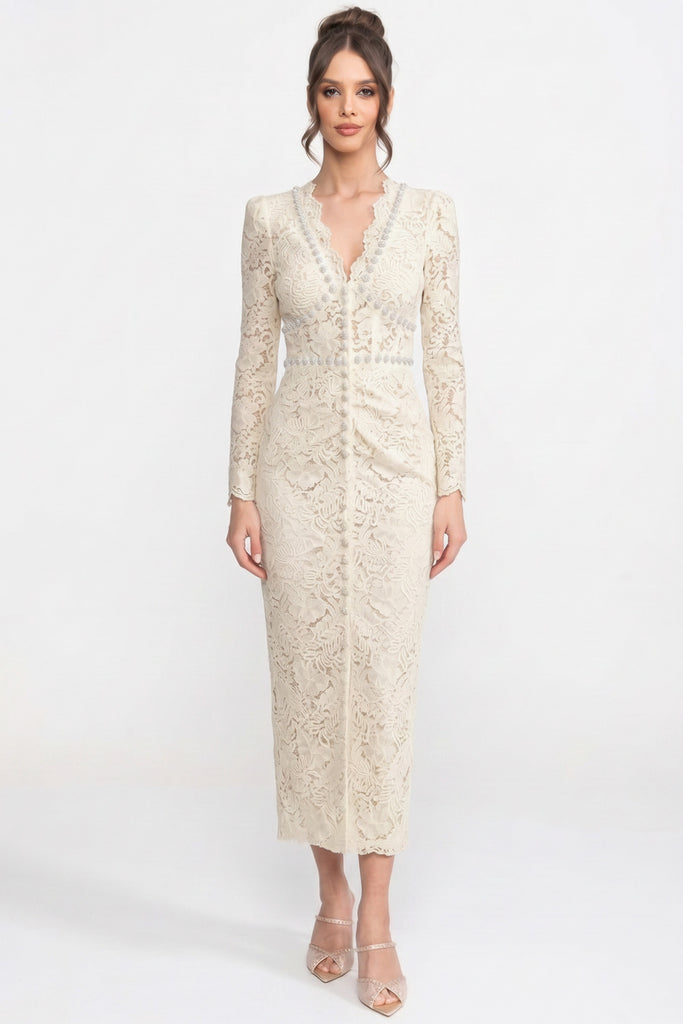 Lace Midi Dress With Crystal V-Neckline And Ruched Front Detail - Ivoire