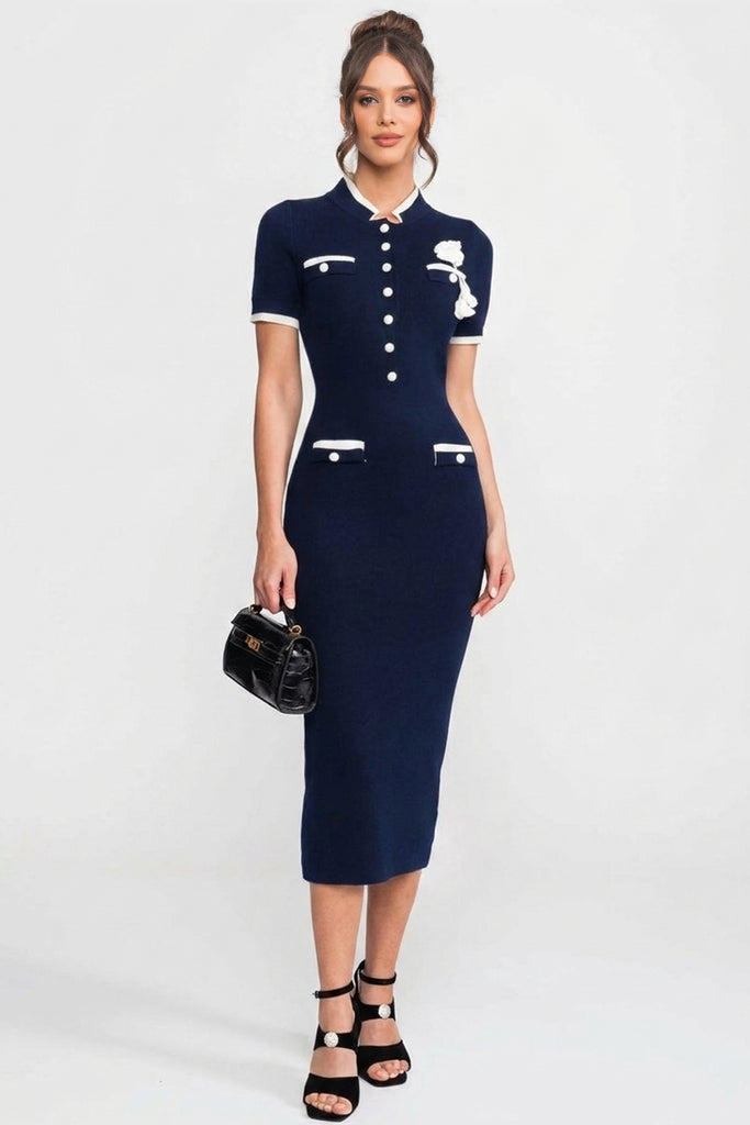 Ribbed Knit Midi Dress With Contrast Trim And Decorative Pockets - Navy