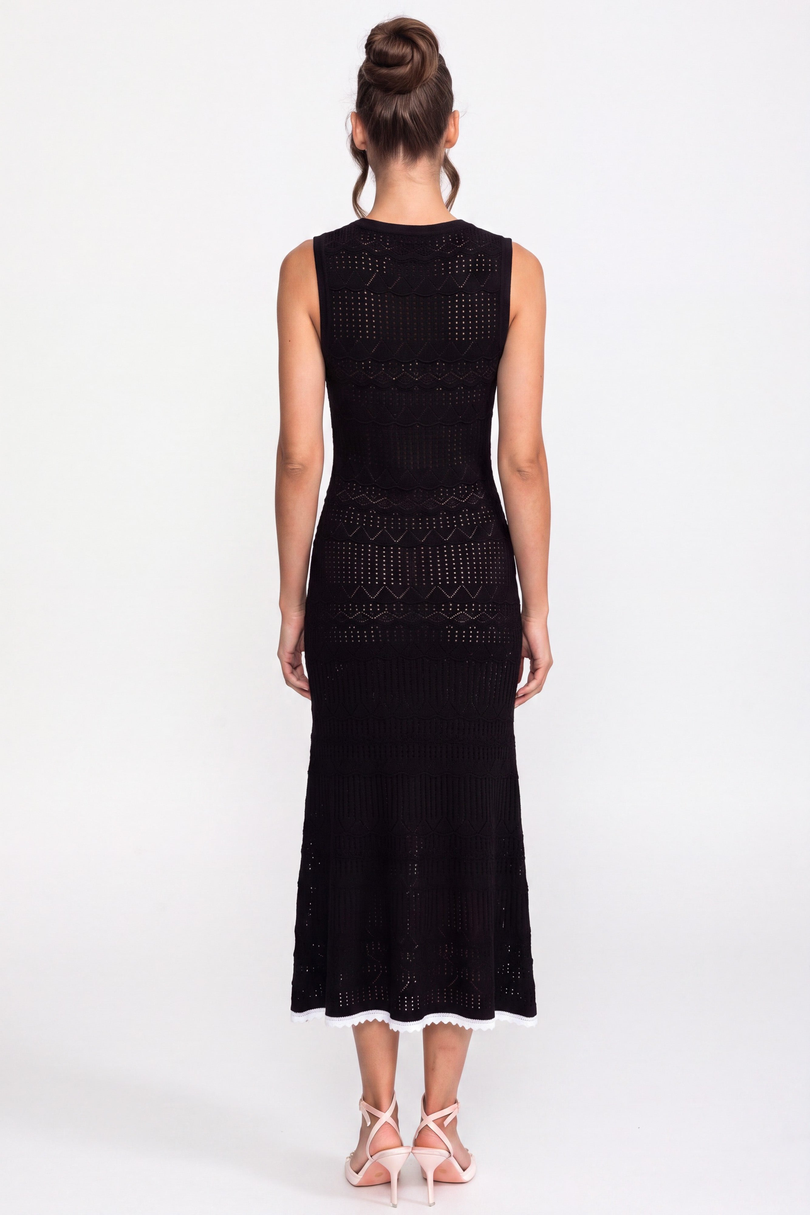 Crochet Knit Midi Dress With Black Trim And Bow - Black