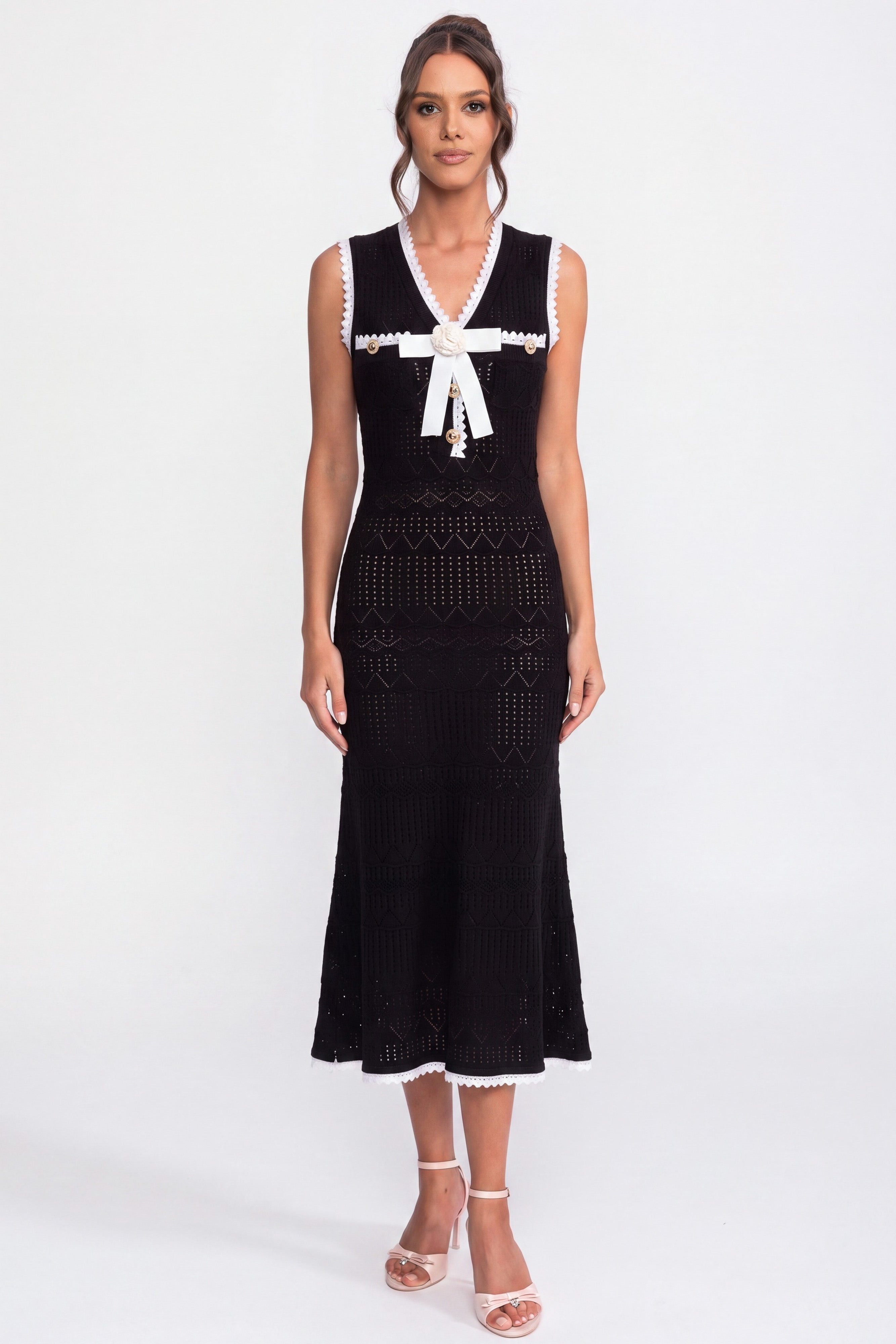 Crochet Knit Midi Dress With Black Trim And Bow - Black