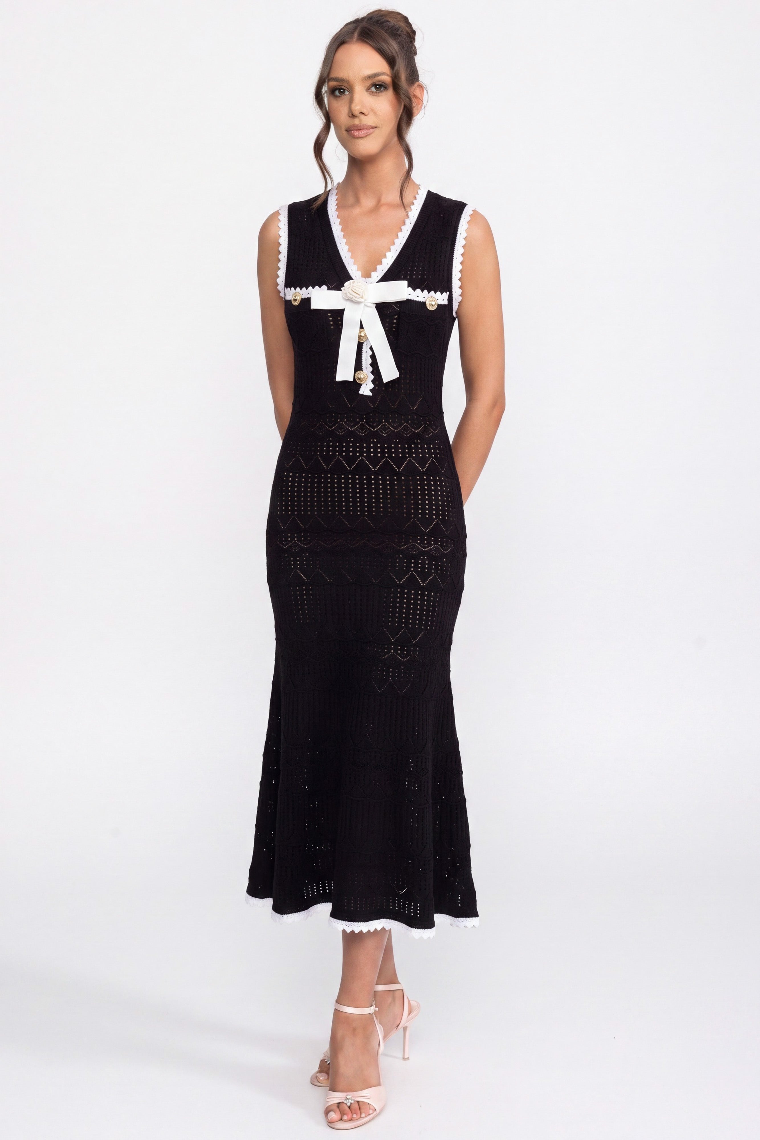 Crochet Knit Midi Dress With Black Trim And Bow - Black