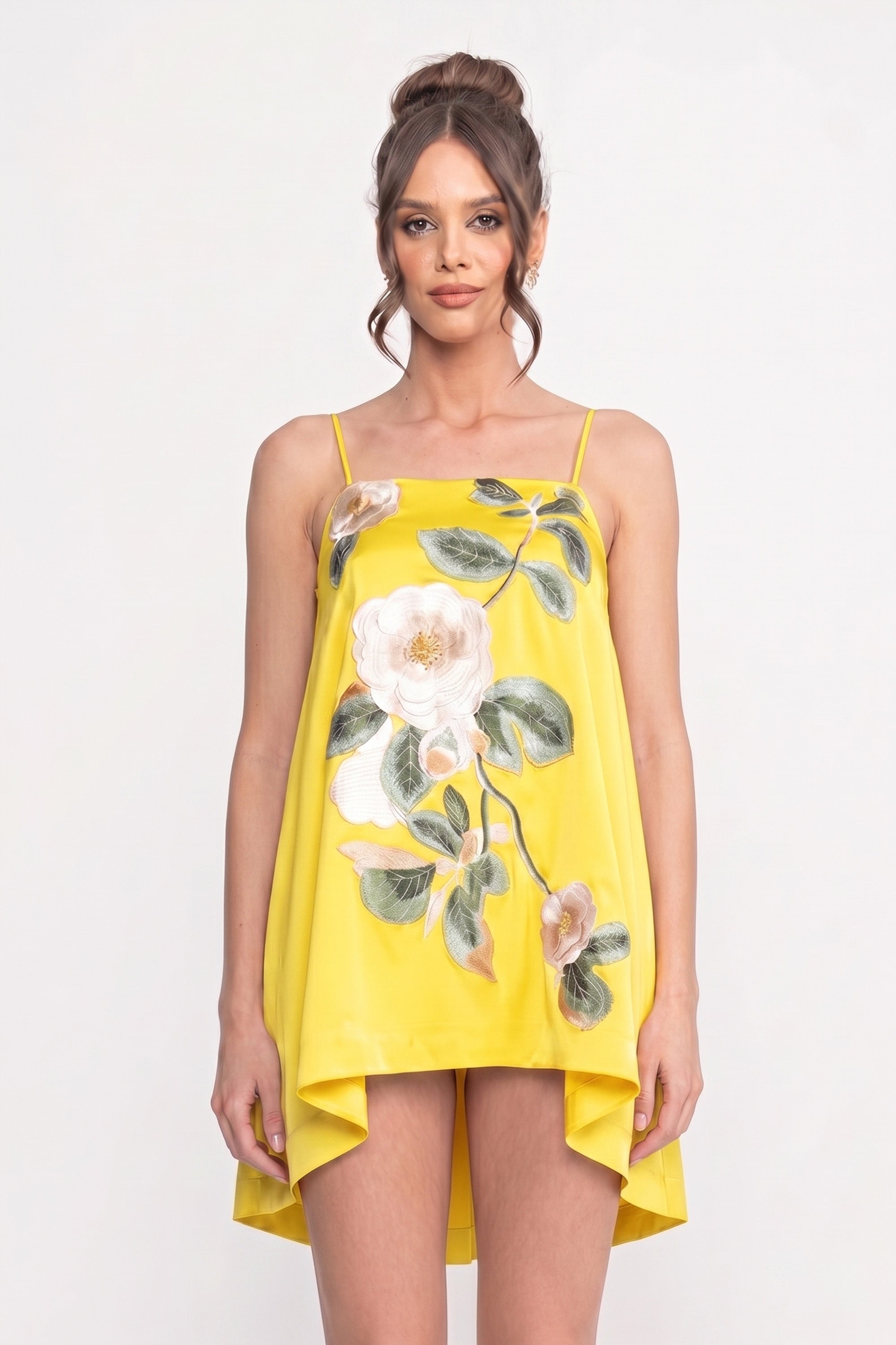 Spaghetti-Strap Mini Dress With 3D Floral Appliqué And A-Line Skirt - Yellow