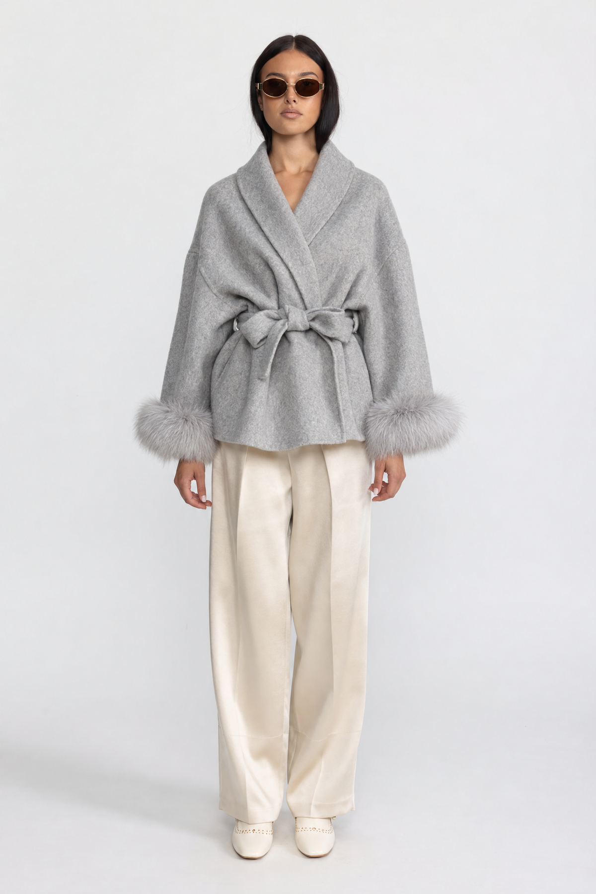 Wool Blend Wrap Jacket with Fox Fur Cuffs - Grey