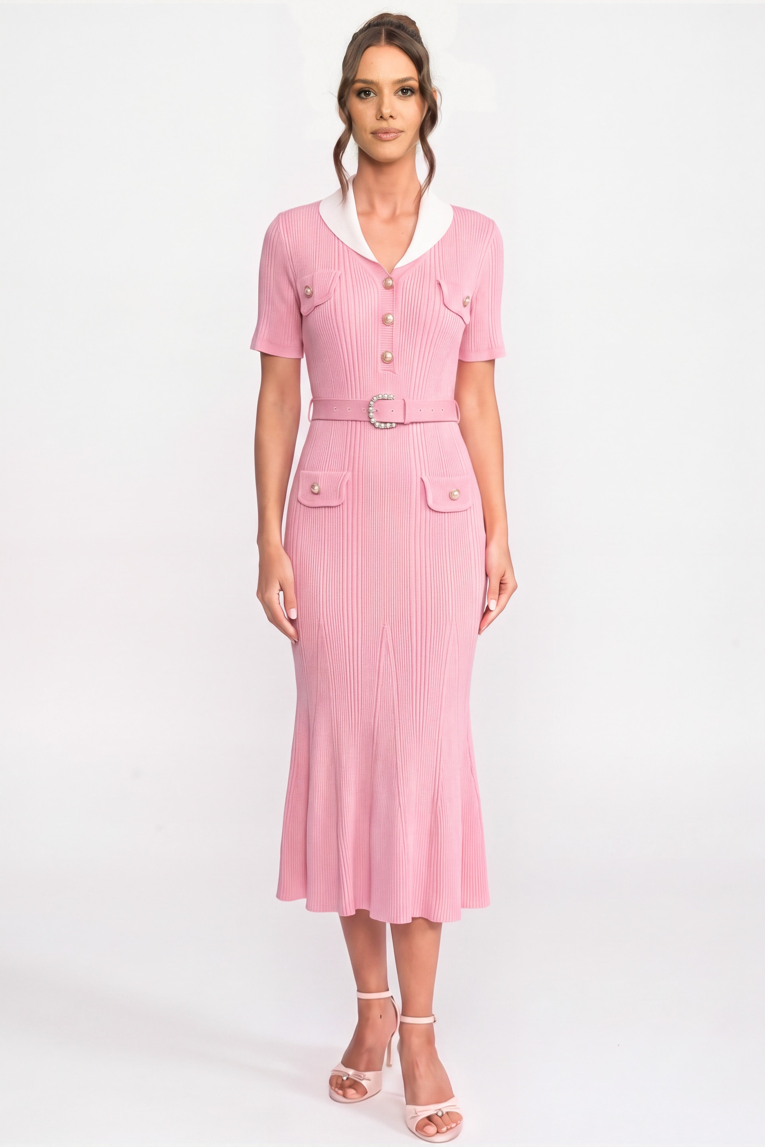 Ribbed Knit Midi Dress With White Collar And Pearl Belt - Pink