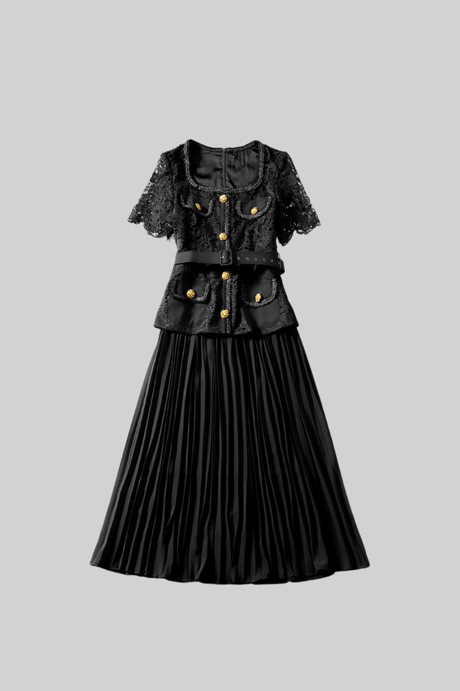 Elegant Short Sleeved Dress With Lace Top And Flared Skirt - Black