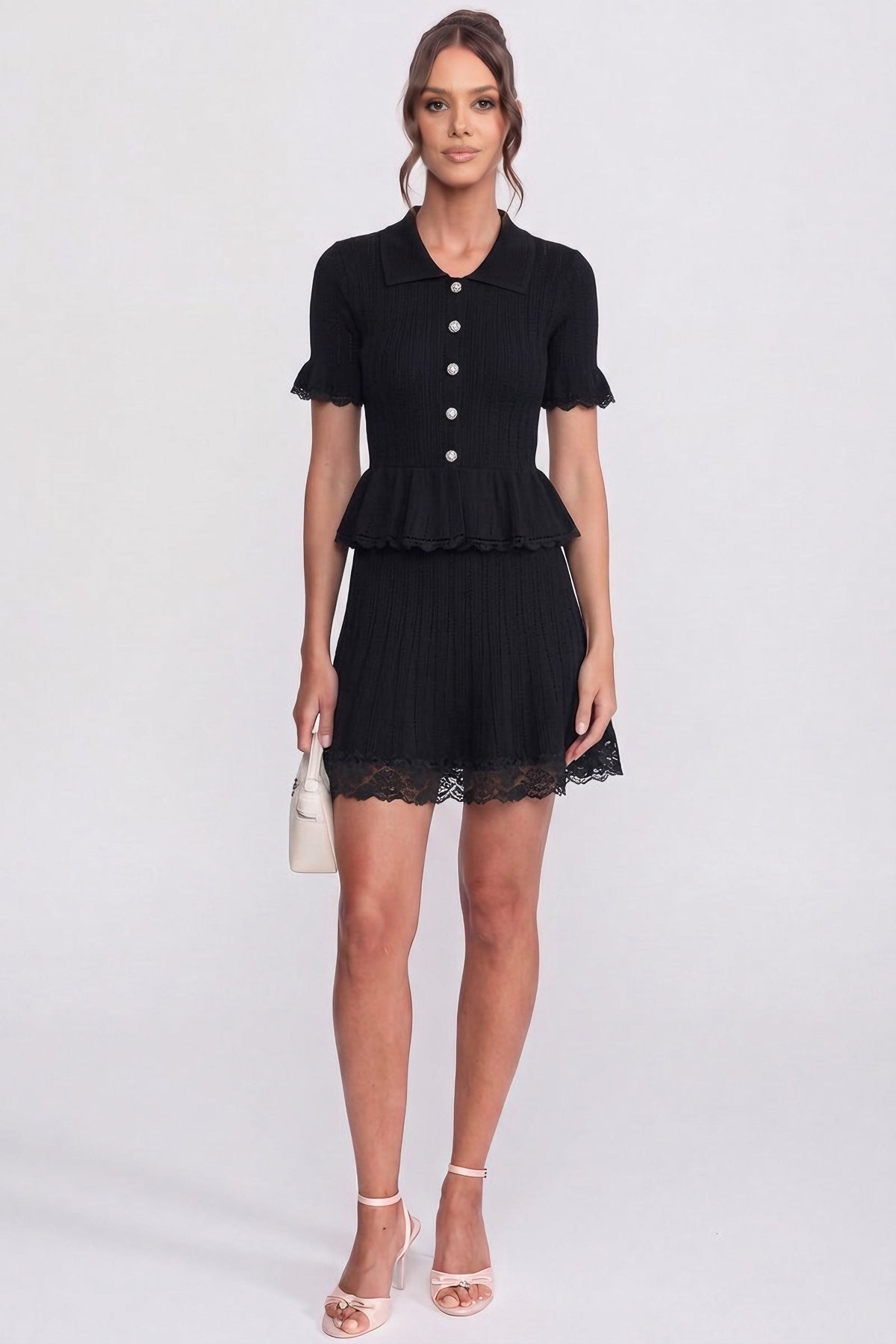 Polo-Collar with Button Top and Mini Skirt Set - Black