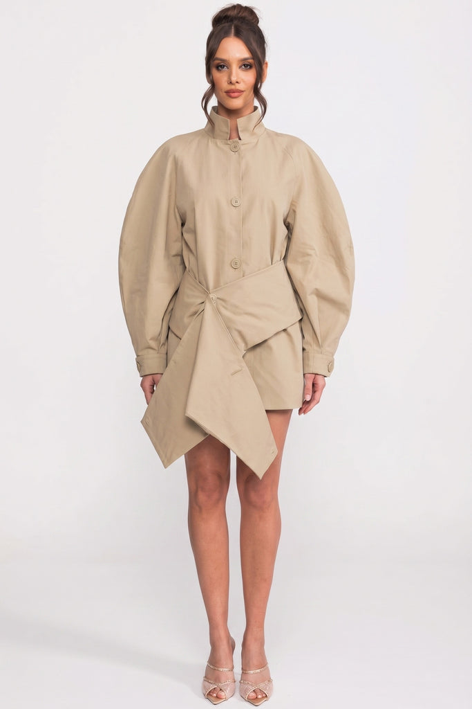 Oversized Balloon-Sleeve Belted Jacket With Asymmetric Hem - Beige