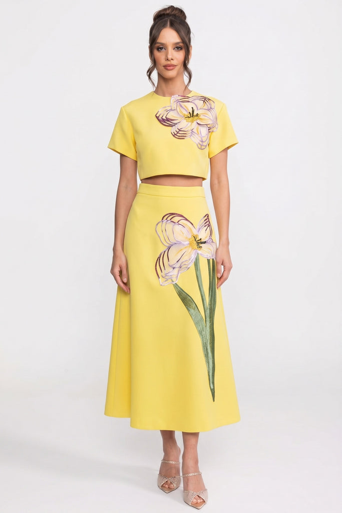 Short-Sleeve Floral-Print Co-Ord Set With Crop Top And Maxi Skirt - Yellow