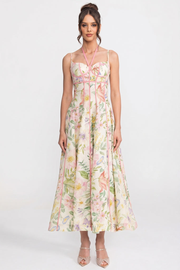 Sweetheart Corset Midi Dress With Floral Print And Pink Ribbon Trim - Multicolor