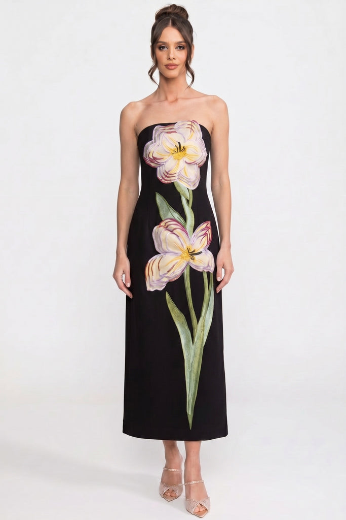 Strapless Floral-Print Midi Dress With Column Silhouette - Black