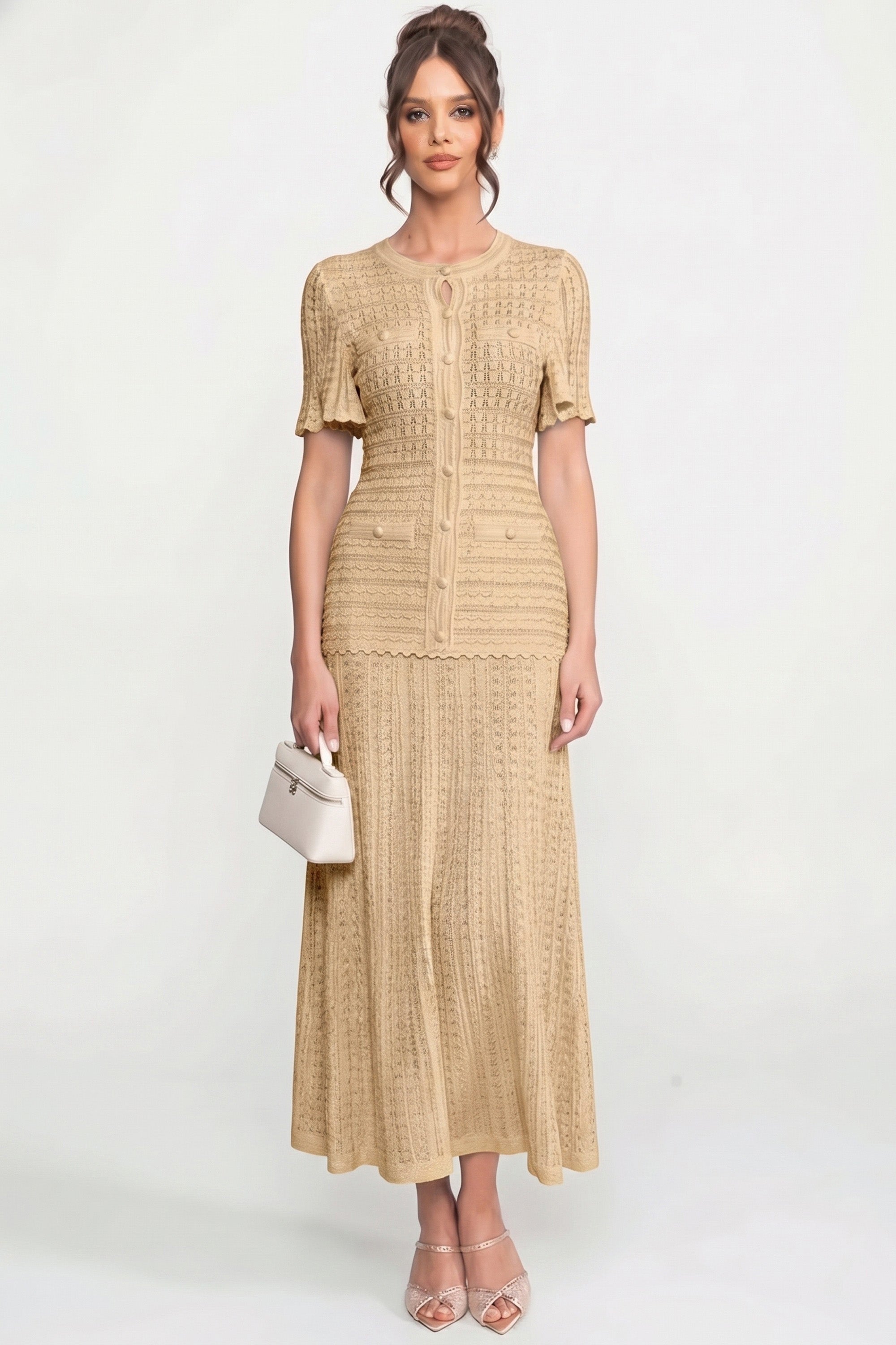 Short Sleeve Midi Dress With Shimmer Knit Texture - Beige