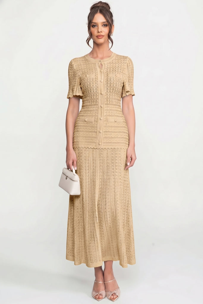 Short Sleeve Midi Dress With Shimmer Knit Texture - Beige