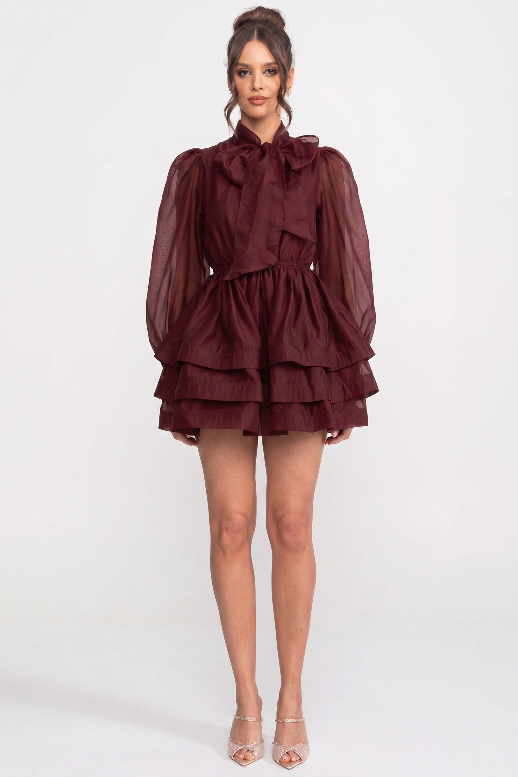 High-Neck Puff-Sleeve Mini Dress With Tiered Ruffle Skirt And Bow - Wine