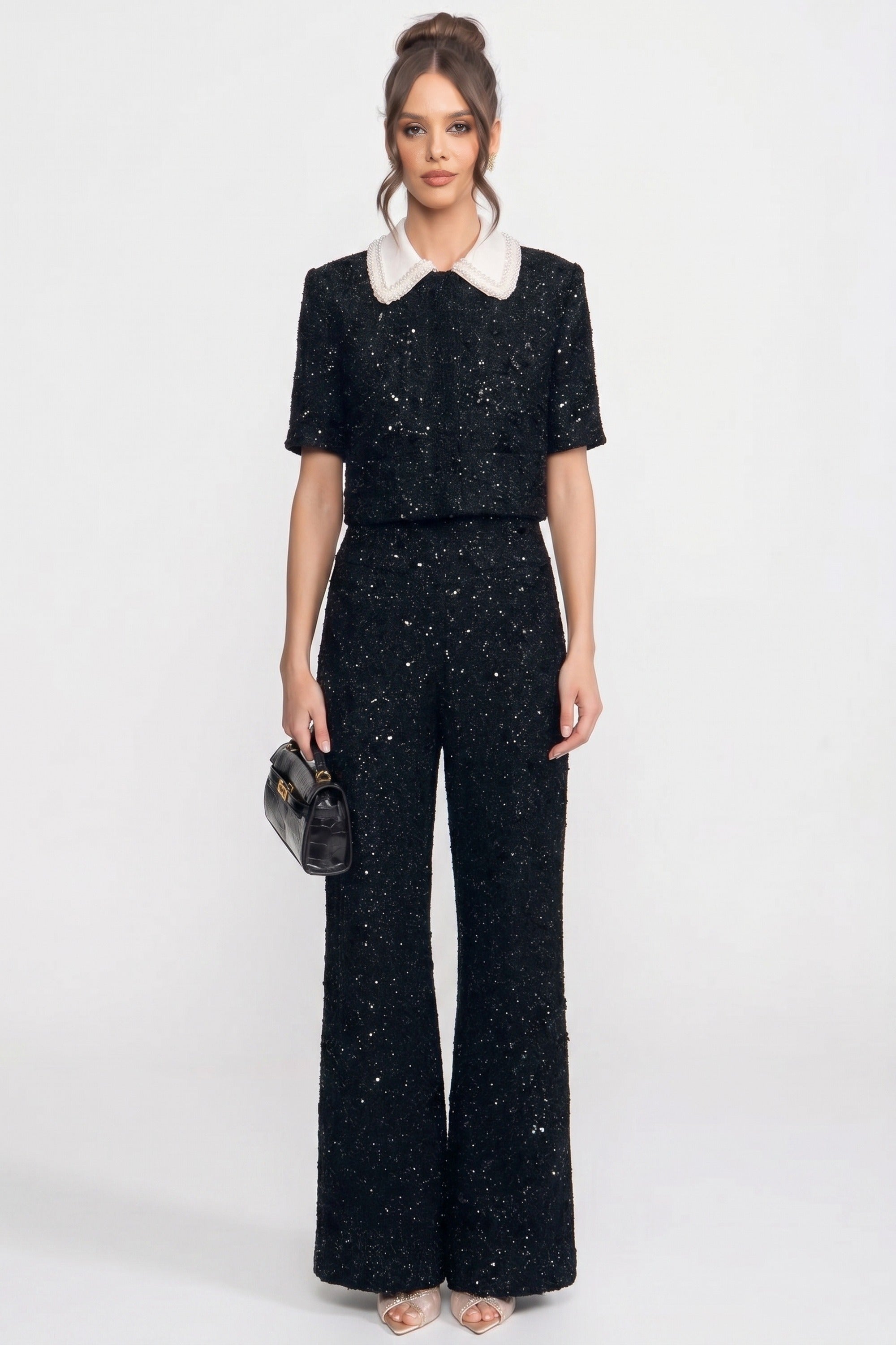 Short-Sleeve Tweed Cropped Jacket With Contrast Collar And Sequin Detail - Black