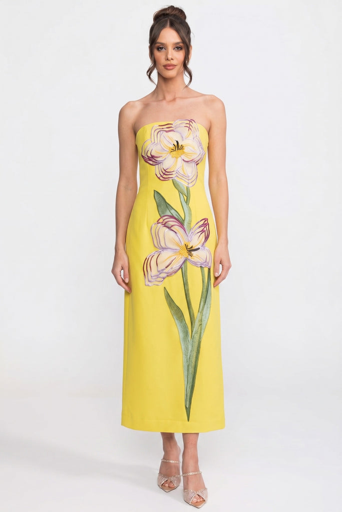 Strapless Floral-Print Midi Dress With Column Silhouette - Yellow