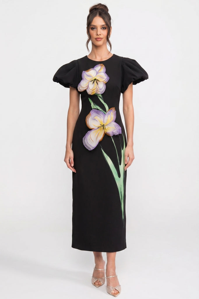 Structured Shoulder Maxi Dress With 3D Iris Floral Appliqué - Black