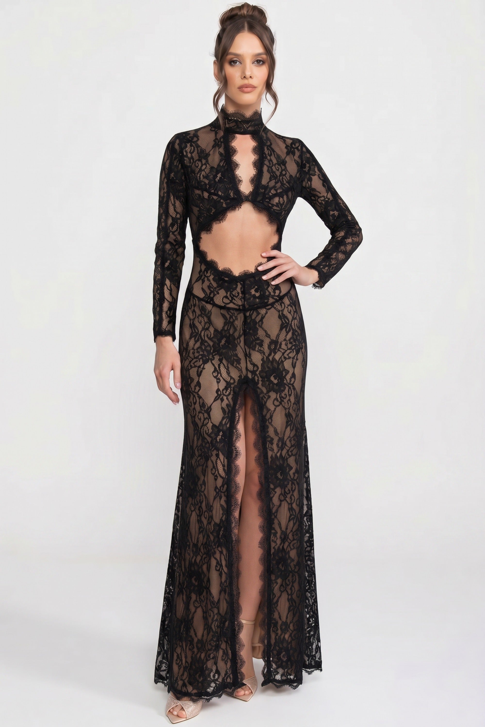 Elegant Lace Gown With High Neck, Front Cutout And Slit - Black