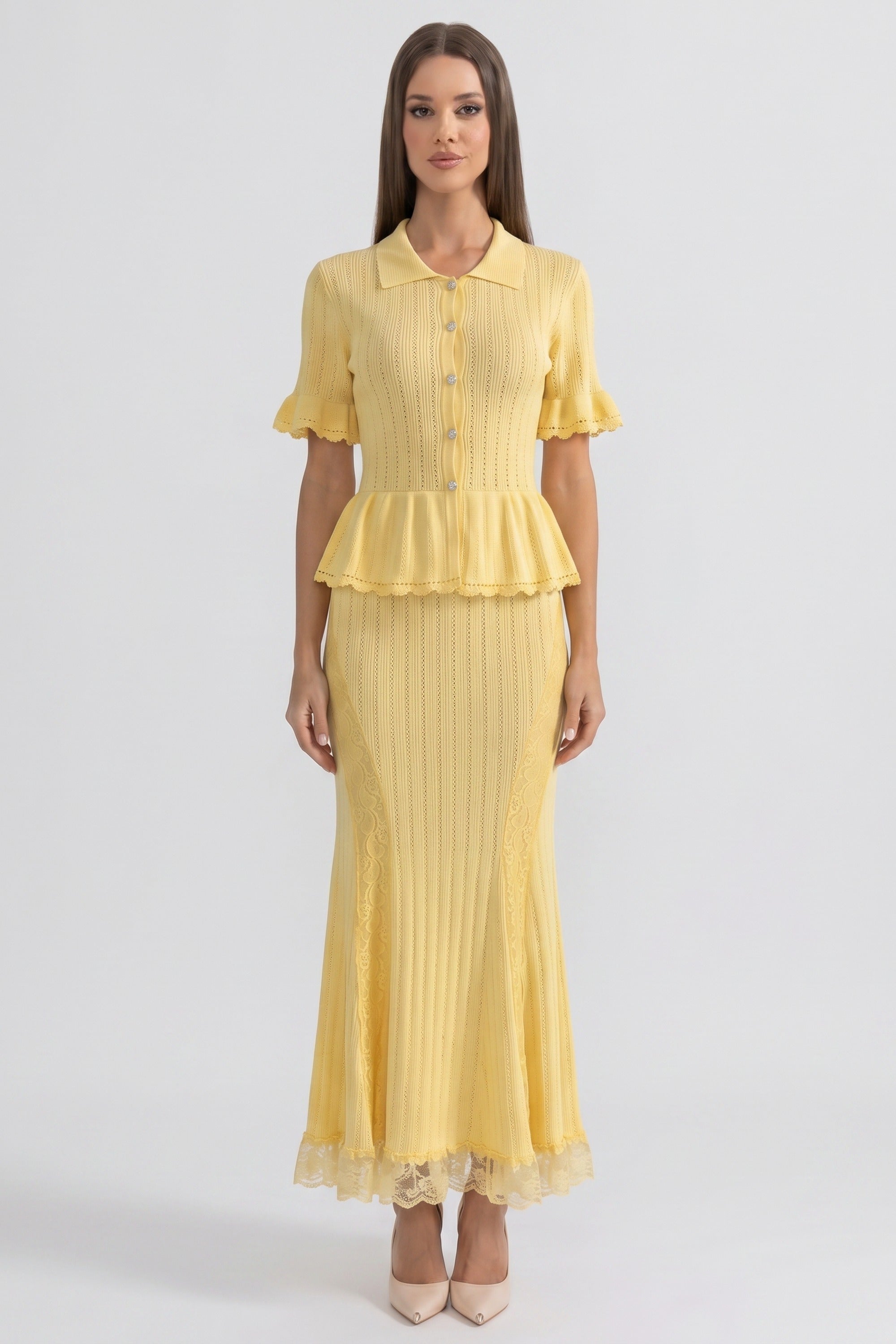 Peter-Pan Collar Knit Peplum Maxi Dress With Lace Hem - Yellow
