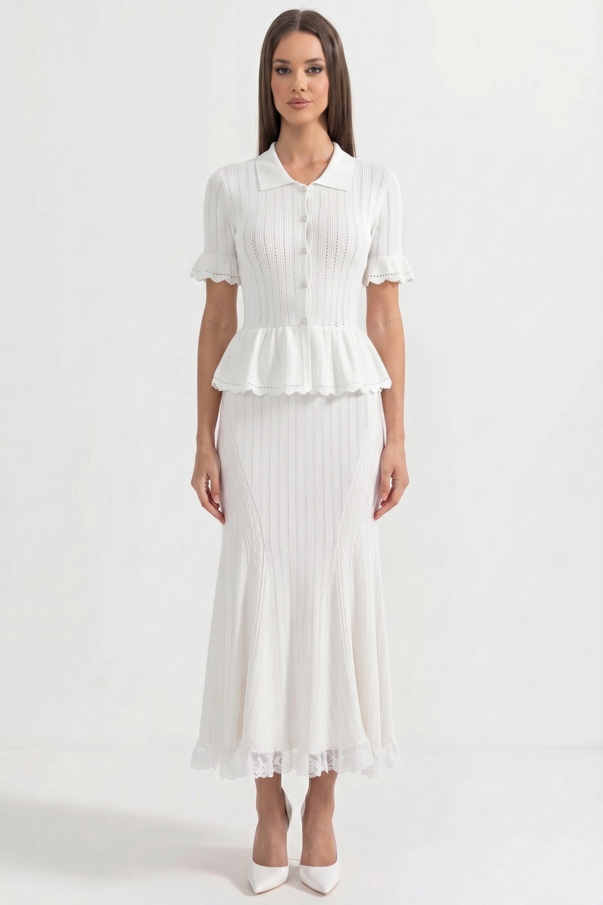 Peter-Pan Collar Knit Peplum Maxi Dress With Lace Hem - White