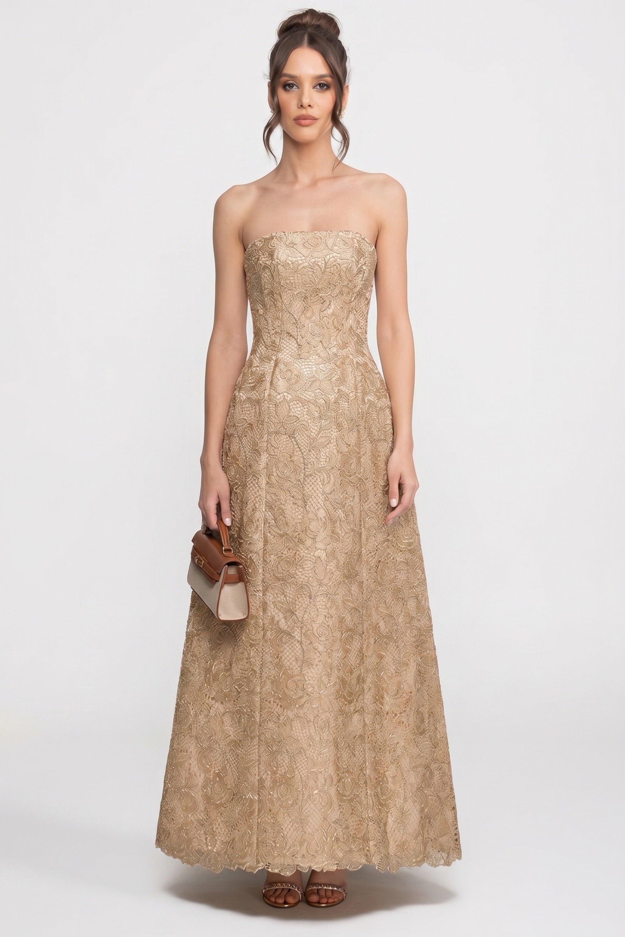 Strapless Floral Lace Ballgown With Full A-Line Skirt - Gold