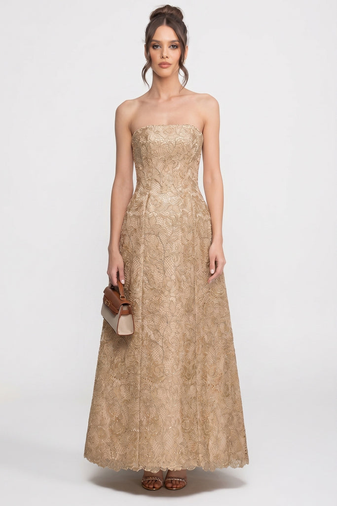 Strapless Floral Lace Ballgown With Full A-Line Skirt - Gold