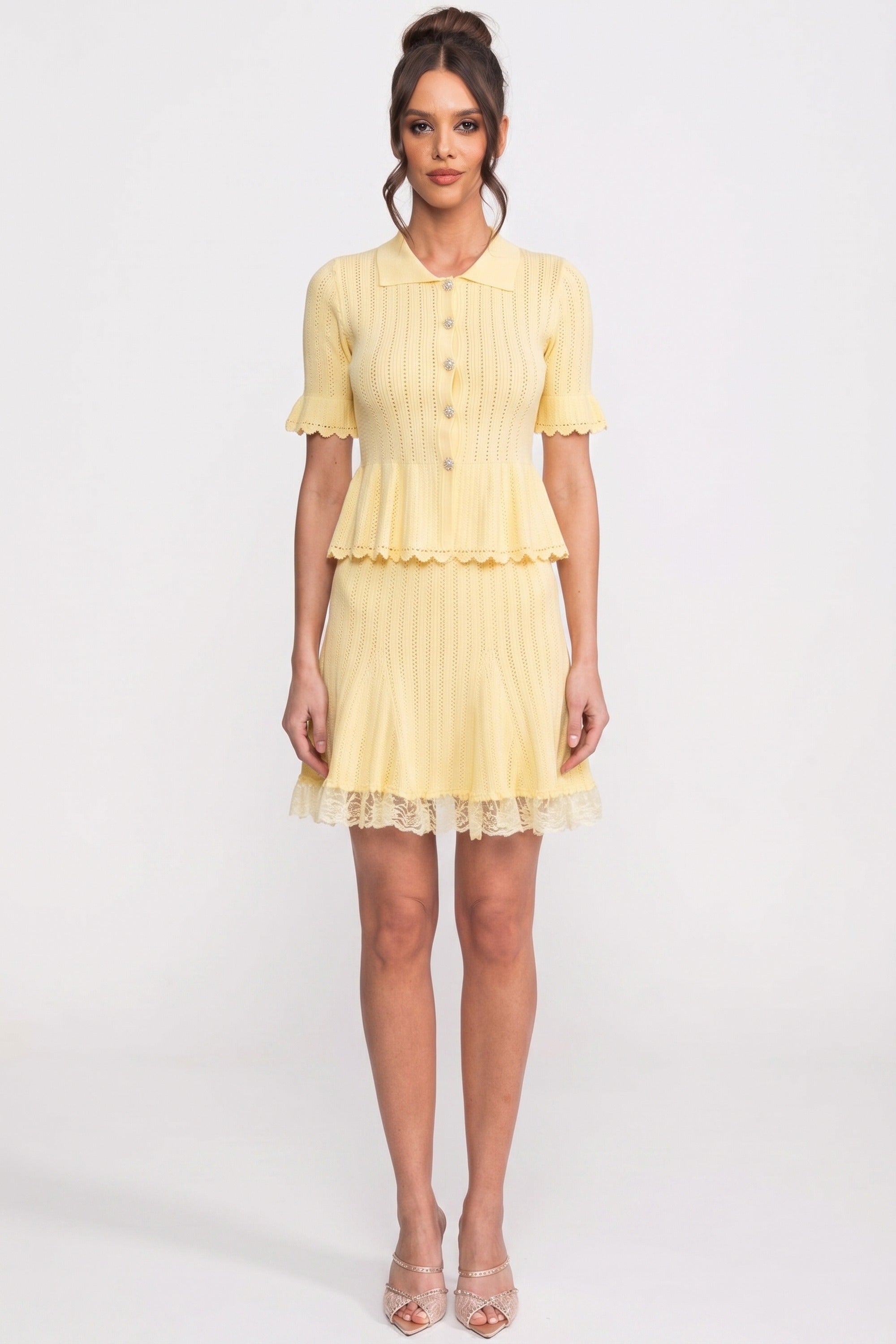 Peter-Pan Collar Knit Peplum Co-Ord set With Lace Hem - Yellow